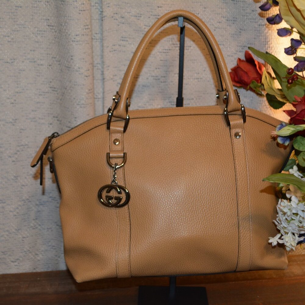 Gucci dome large convertible GG charm tan pebble leather tote.